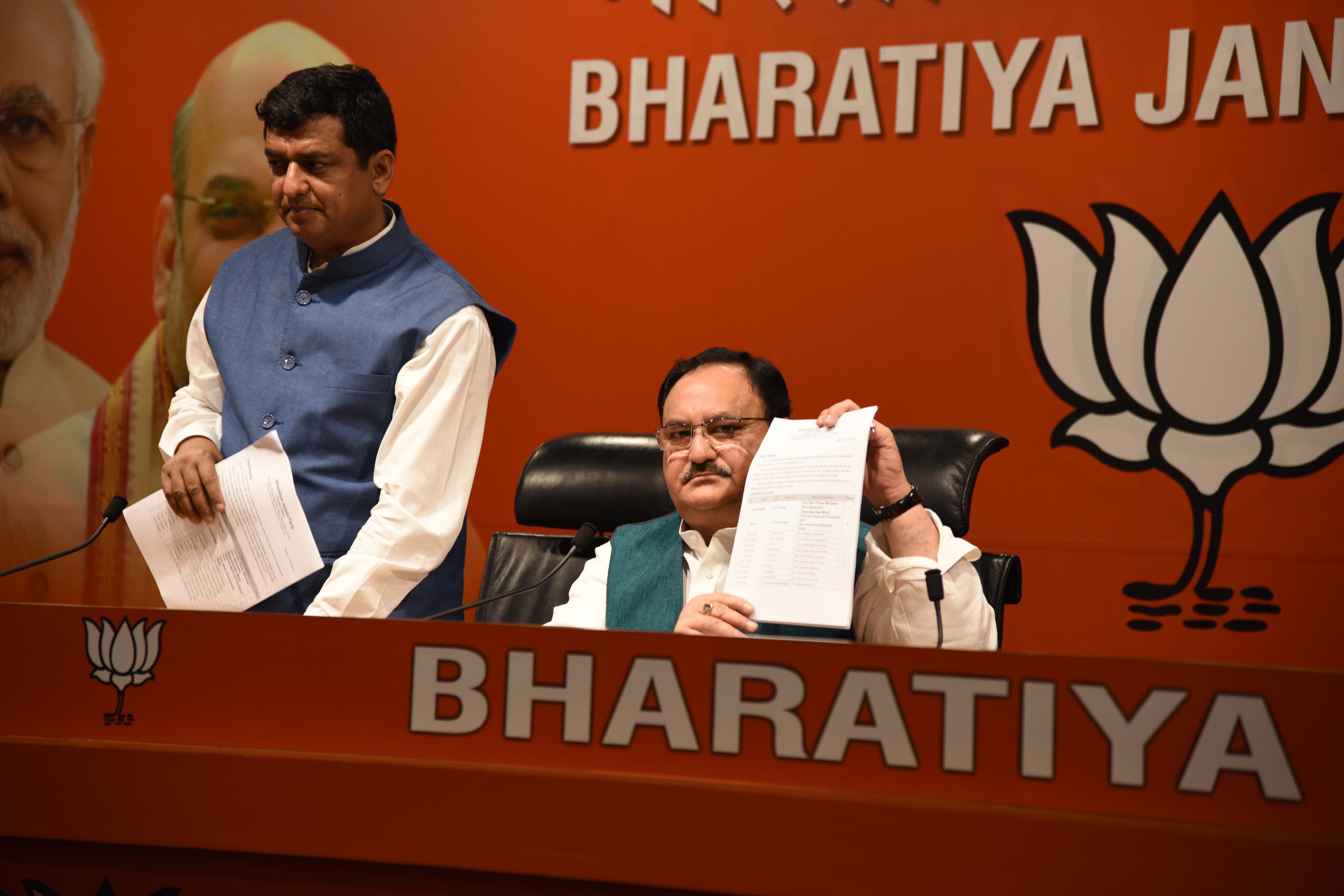 Senior BJP leader JP Nadda announcing the first list of party candidates for Lok Sabha Elections 2019 in New Delhi on Thursday UNI PHOTO-124U