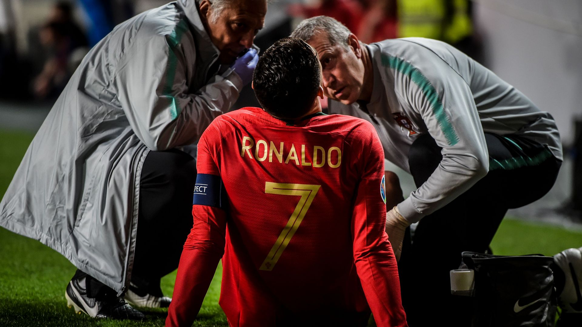 Portugal's forward Cristiano Ronaldo injured during the Euro 2020 qualifying
