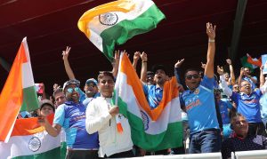 MANCHESTER, JUNE 27 (UNI):- Indian cricket fans cheering during a match between India and West Indies at ICC Cricket World Cup 2019, in Manchester on Thursday. UNI PHOTO BY SESHADRI SUKUMAR-10C