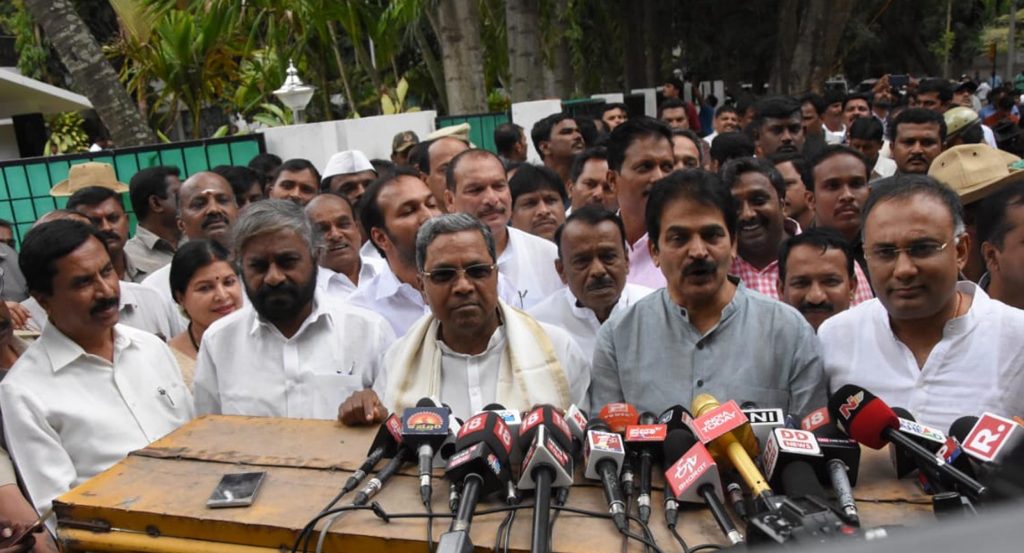 AICC General Secretary and Karnataka Incharge, K C Venugopal, KPCC President, Dinesh Gundu Rao, Former Chief Minister and CLP leader, Siddaramaiah, Dy Chief Minister, G Parmeshawar and senior leaders addressing a media persons announce all Congress Minister resigantation of H D Kumarswamy ministry in Bengaluru on Monday.