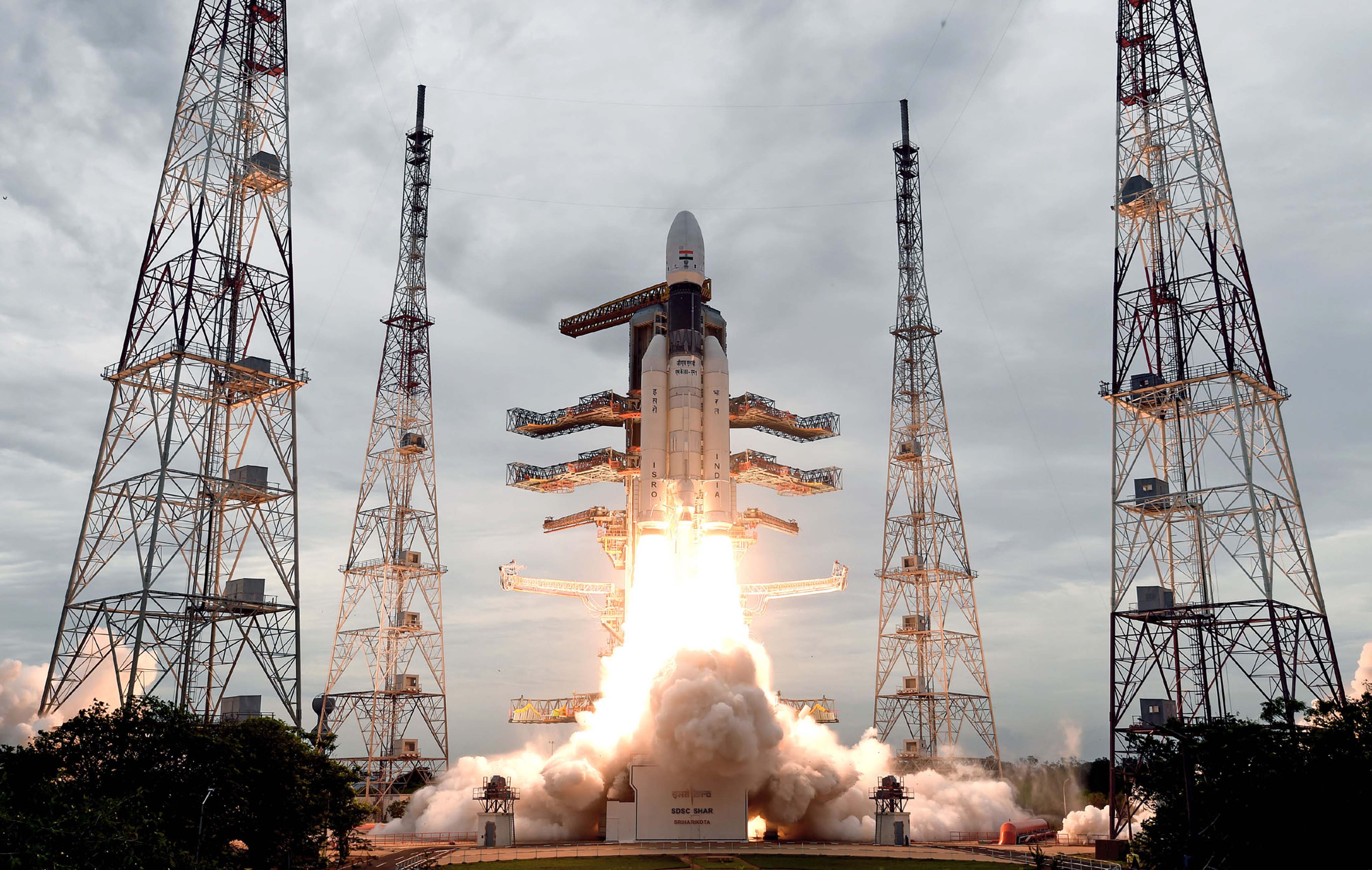 Geosynchronous Satellite Launch Vehicle, GSLV MkIII-M1 rocket, carrying Chandrayaan-2 spacecraft, lifting off from the Second Launch Pad at the Satish Dhawan Space Centre, Sriharikota, in Andhra Pradesh on Monday.