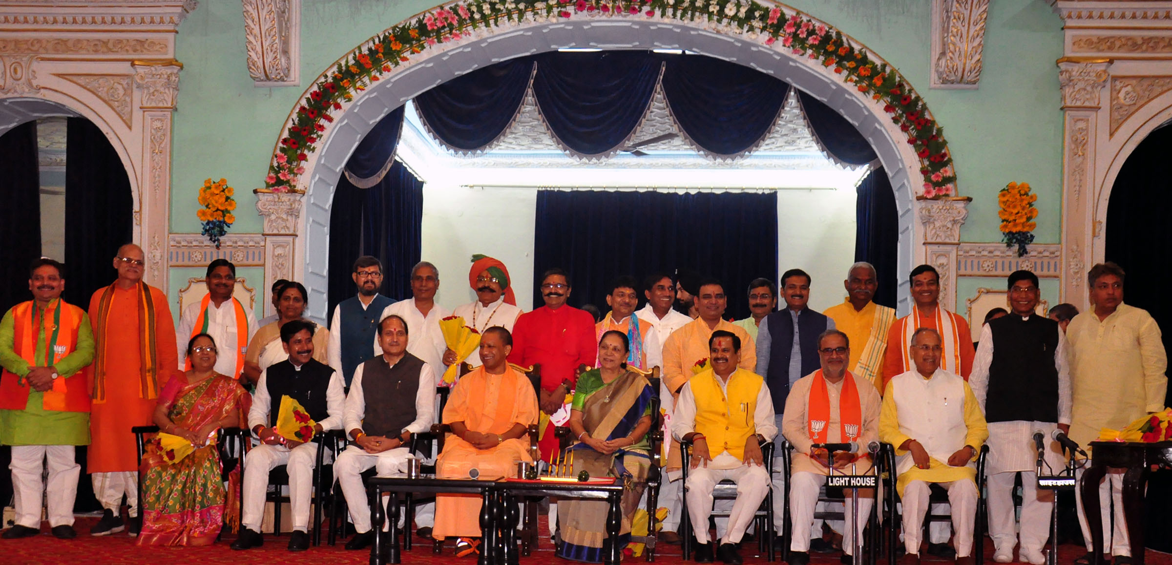 LUCKNOW, AUG 21 (UNI) :- A group photograph of the newly-inducted Cabinet Ministers, Ministers of State and State Minister (Independent Charge) in the Uttar Pradesh government with state Governor Anandiben Patel and Chief Minister Yogi Adityanath post the oath-taking ceremony at Raj Bhawan in Lucknow on Wednesday. UNI PHOTO-PCLKW2U