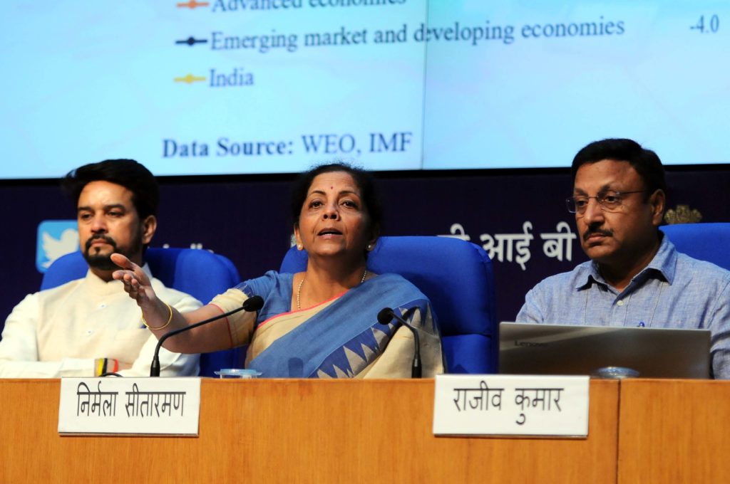 Union Finance Minister Nirmala Sitharaman with MoS Anurag Thakur and Finance Secretary Rajiv Kumar addressing a press conference, in New Delhi on Friday.