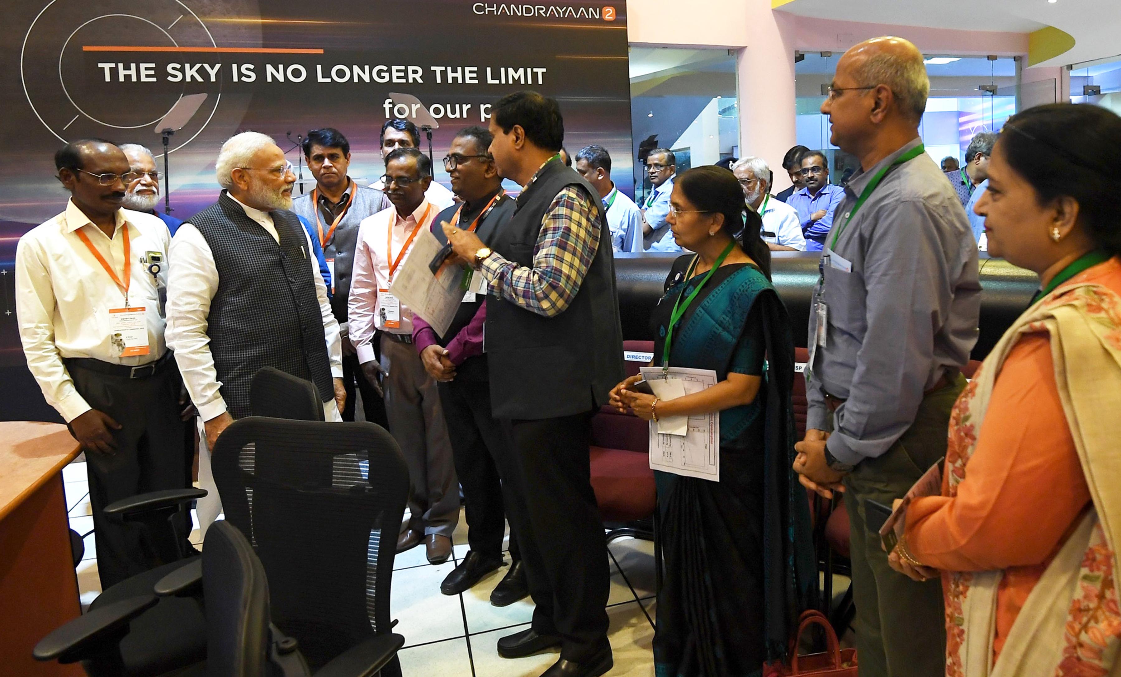 Prime Minister Narendra Modi interacting with the scientists, at ISRO, in Bengaluru on Saturday