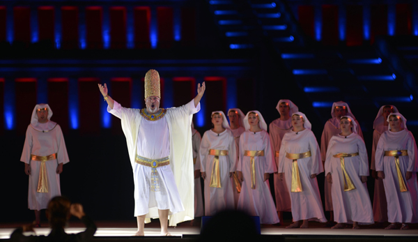 LUXOR (EGYPT), Oct. 27, 2019 (Xinhua) -- Artists perform Opera Aida in the Temple of Hatshepsut in Luxor, Egypt, on Oct. 26, 2019. Opera Aida was performed on Saturday in Luxor after a hiatus of over two decades. Photo by Radwan/Xinhua/UNI PHOTO-4F