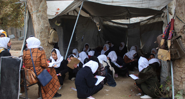 BALKH, Nov. 24, 2019 (Xinhua) -- Afghan students study under a tent used as a classroom at the Mawlana Jalaludin Mohammad Balkhi School in Mazar-i-Sharif, capital of Balkh province, Afghanistan, Nov. 23, 2019 (Photo by Yaqoub Azorda/Xinhua/UNI PHOTO-15F