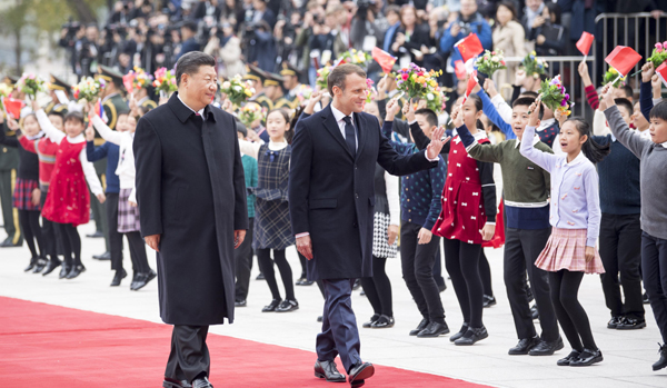 BEIJING, Nov. 6, 2019 (Xinhua) -- Chinese President Xi Jinping holds a welcome ceremony for French President Emmanuel Macron before their talks in Beijing, capital of China, Nov. 6, 2019. Xinhua/UNI PHOTO-10F