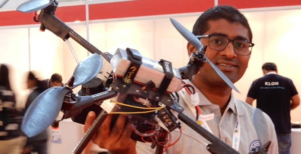 BENGALURU, NOV 18 (UNI) :- An exhibitor display drone during the inauguration of Bengaluru Tech Summit 2019 at Palace Ground in Bengaluru on Monday., UNI PHOTO SLP/8U