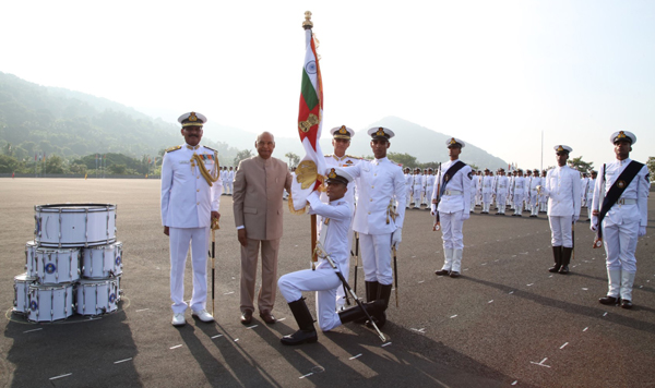 KANNUR, Nov 20 (UNI) President Ram Nath Kovind being handover the President's Colour to a cadet Sushil Singh, on behalf of Indian Naval Academy(INA), Ezhimala in Kannur in recognition of its outstanding service to the nation in producing fine Naval officers, in Kannur on Wednesday.UNI PHOTO-11U