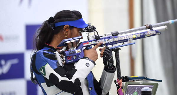 PUTIAN, Nov. 21, 2019 (Xinhua) -- Elavenil Valarivan of India competes during the women's 10m air rifle final at the ISSF World Cup Final in Putian, southeast China's Fujian Province, Nov. 21, 2019. Xinhua/UNI PHOTO-14F