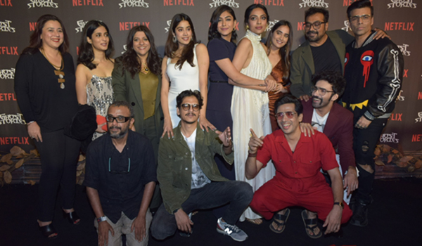 Mumbai: Directors Karan Johar, Zoya Akhtar, Anurag Kashyap and Dibakar Banerjee with actors Janhvi Kapoor, Mrunal Thakur, Avinash Tiwary, Raghuvir Yadav, Sobhita Dhulipala, Vijay Varma and Pavail Gulati at the screening of their upcoming Netflix film "Ghost Stories" in Mumbai on Dec 23, 2019. (Photo: IANS)