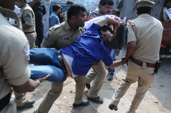 Hyderabad: Agitators being detained after they protested against the Citizenship Amendment Act (CAA) 2019 and National Register of Citizens (NRC) despite being denied the permission by police to carry out any form of demonstrations, processions and rallies, in Hyderabad on Dec 19, 2019. (Photo: IANS)