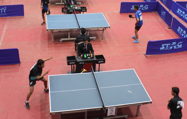 JAMMU, DEC 3 (UNI):- Paddlers in action on the second day of the 81st Junior and Youth Nationals Table Tennis Championship at Indoor Hall, Maulana Azad Stadium in Jammu (J&K) on Tuesday. UNI PHOTO-93U