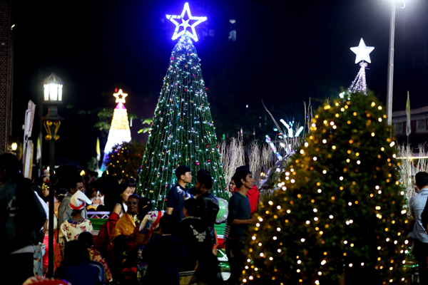 (191225) -- YANGON, Dec. 25, 2019 (Xinhua) -- Illuminated Christmas tree are seen at a church on Christmas eve in Yangon, Myanmar, Dec. 25, 2019. (Xinhua/U Aung)