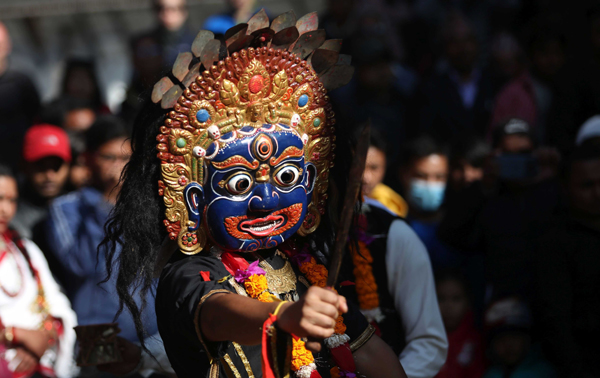 KATHMANDU, Dec. 1, 2019 (Xinhua) -- A masked dancer performs during the Tistung Bajrabarahi festival at the Hanumandhoka Durbar Square in Kathmandu, Nepal, Nov. 30, 2019. Xinhua/UNI PHOTO-9F