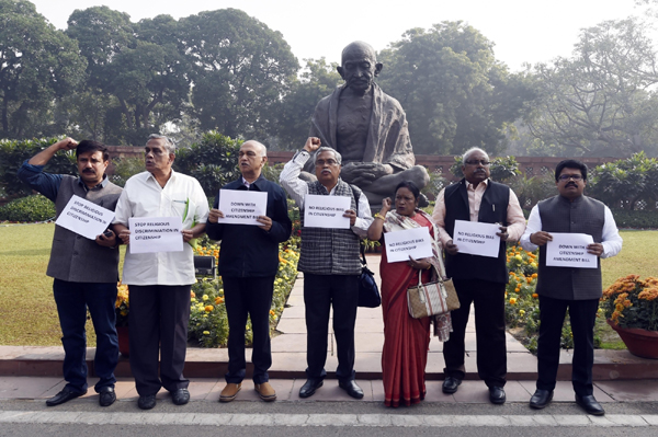 New Delhi: Left Parties protest against Citizenship (Amendment) Bill, or CAB in front of Mahatma Gandhi statue at the Parliament in New Delhi on Dec 10, 2019. (Photo: IANS)