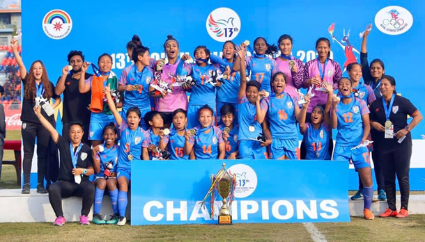 Pokhara: Indian Women's football team with the winners trophy after triumphing 2-0 over Nepal at South Asian Games in Pokhara, Nepal on Dec 9, 2019. (Photo: IANS)