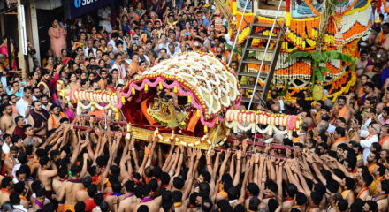 Mangaluru: Devotees participate in the Brahma Rathotsava or Kodial Theru of Lord Shri Venkataramana at Car Street, in Mangaluru on Feb 1, 2020. (Photo: IANS)