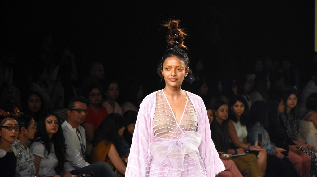 Srinagar: A model walks the ramp showcasing fashion designer Abhishek Sharma's creation under the label Kanelle on Day 2 of the Lakme Fashion Week Summer/Resort 2020, in Mumbai on Feb 12, 2020. (Photo: IANS)