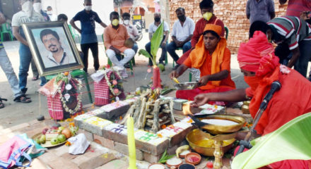 Kolkata: TMC workers participate in a 'Yajna' being performed to pray for the speedy recovery of West Bengal Fire and Emergency Services Minister Sujit Bose who tested positive for the novel coronavirus on Friday, in Kolkata on May 30, 2020. (Photo: Kuntal Chakrabarty/IANS)