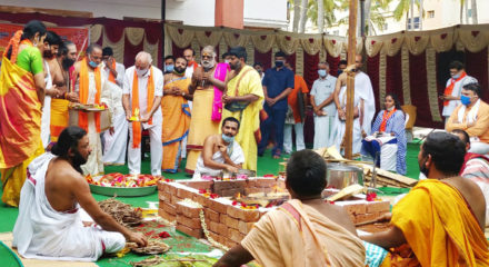 Bengaluru: Karnataka Chief Minister B. S. Yediyurappa participates in Sri Dhanvantari Yagna, seeking divine blessings for the welfare of the world and COVID-19 control, at Shankarmath in Bengaluru on June 16, 2020. Medical Education Minister K. Sudhakar, Tourism Minister C. T. Ravi and Bengaluru South Member of Parliament Tejasvi Surya also participated in the rituals. Wearing masks to protect themselves, Yediyurappa and others donned saffron scarfs as they participated in the Hindu rituals. (Photo: IANS)