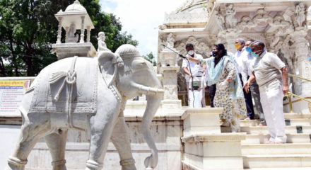 Bengaluru: Jain Temple premises at Jaya Nagar being sanitised as it gears up to re-open from June 8 amid COVID-19 pandemic; in Bengaluru on June 6, 2020. (Photo: IANS)