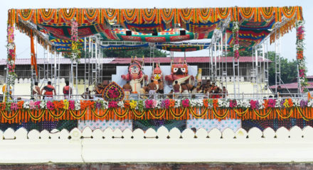 Puri: Priests perform rituals during 'Deva Snana Purnima' celebrations, in Odisha's Puri on June 5, 2020. The bathing ceremony of the Trinity (Lord Jagannath, Lord Balaram and their sister Subhadra) is celebrated on Snana Purnima -- the full moon day of Jyestha month. (Photo: IANS)