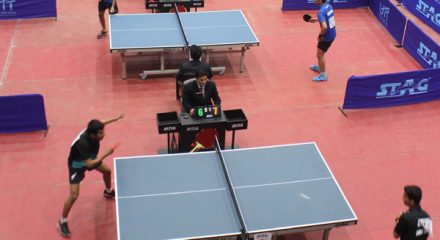 JAMMU, DEC 3 (UNI):- Paddlers in action on the second day of the 81st Junior and Youth Nationals Table Tennis Championship at Indoor Hall, Maulana Azad Stadium in Jammu (J&K) on Tuesday. UNI PHOTO-93U