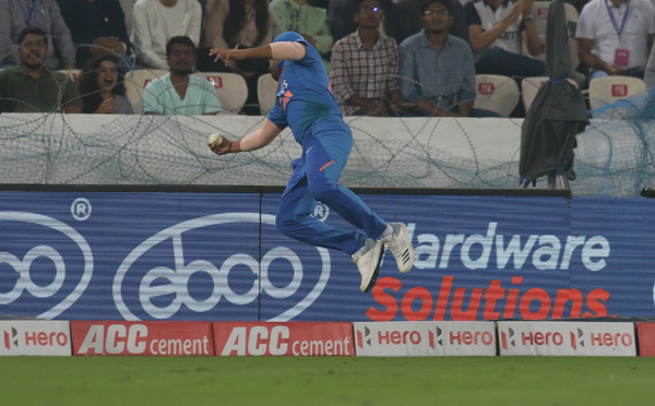 Hyderabad: India's Rohit Sharma's attempt for the catch during the first T20I match between India and West Indies at the Rajiv Gandhi International Stadium in Hyderabad on Dec 6, 2019. (Photo: Surjeet Yadav/IANS)