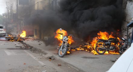 Lucknow: Angry protesters went on rampage and set ablaze vehicles during their protest against the Citizenship Amendment Act (CAA) 2019, in Lucknow on Dec 19, 2019. Violence erupted during protests against CAA on Thursday afternoon in various cities of Uttar Pradesh, including the state capital. Roadways buses were set on fire by protesters in Sambhal district and some private vehicles were also set ablaze. Internet services have been suspended in the western UP district. (Photo: IANS)
