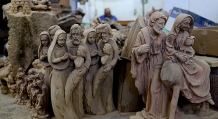 (191220) -- BETHLEHEM, Dec. 20, 2019 (Xinhua) -- Wood figures for Nativity scenes are seen at a workshop in the West Bank city of Bethlehem, Dec. 19, 2019. (Photo by Mamoun Wazwaz/Xinhua)