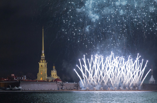 ST. PETERSBURG, Jan. 8, 2020 (Xinhua) -- Fireworks explode to celebrate the Orthodox Christmas in St. Petersburg, Russia, Jan. 7, 2020. (Photo by Irina Motina/Xinhua/IANS)