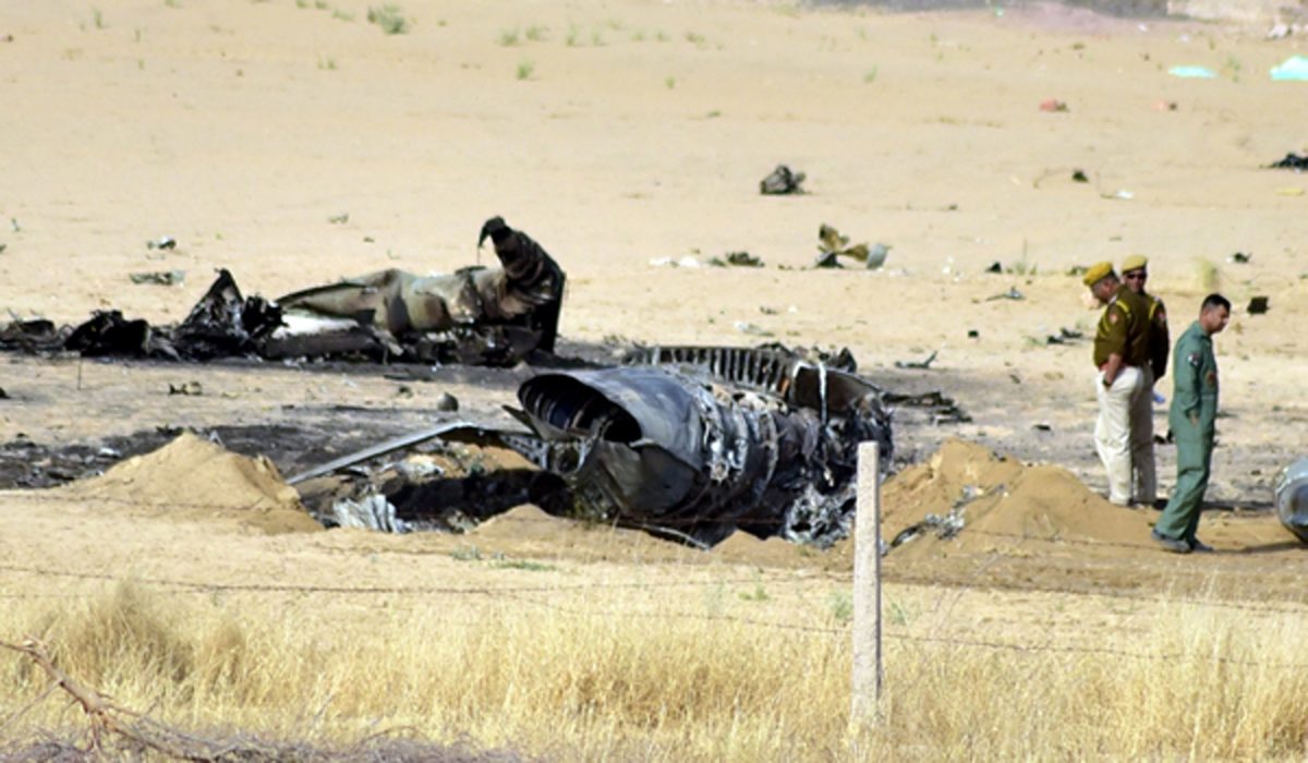 Bikaner: Debris of a MiG-21 fighter aircraft of the Indian Air Force (IAF) that crashed near Bikaner in Rajasthan on March 8, 2019. The pilot ejected safely. (Photo: IANS)