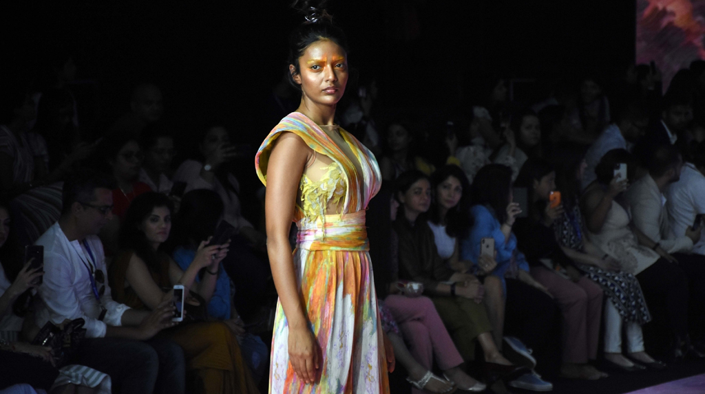 Srinagar: A model walks the ramp showcasing fashion designer Abhishek Sharma's creation under the label Kanelle on Day 2 of the Lakme Fashion Week Summer/Resort 2020, in Mumbai on Feb 12, 2020. (Photo: IANS)