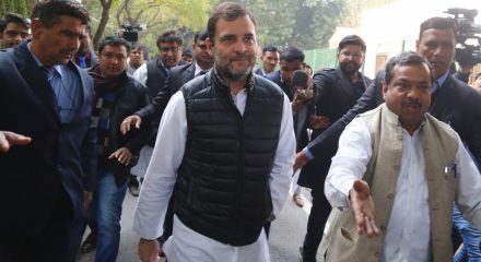 New Delhi: Congress leader Rahul Gandhi leaves after casting his vote for the Delhi Assembly elections 2020 at a polling booth in central Delhi's Nirman Bhawan on Feb 8, 2020. (Photo: IANS)