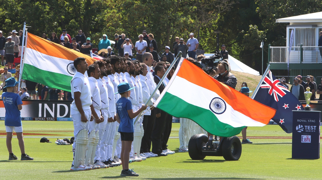 Christchurch: Players of India stand for their National Anthem ahead of the 2nd Test match between India and New Zealand at Hagley Oval in Christchurch, New Zealand on Feb 29, 2020. (Photo: Surjeet Yadav/IANS)