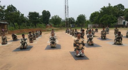 Kanker: BSF personnel perform yoga on 6th International Day of Yoga in Chhattisgarh's Kanker district on June 21, 2020. (Photo: IANS)