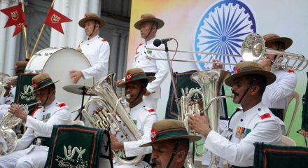 Kolkata: The Gorkha Training Centre Band performs during Independence Day celebrations at Jorasanko Thakur Bari, in Kolkata on Aug 7, 2020. (Photo: IANS)