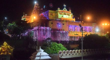 Mathura: The Shri Krishna Janmasthan Temple seen beautifully illuminated with multi-colored lights on the eve of Krishna Janmashtami, in Mathura on Aug 10, 2020. (Photo: IANS)